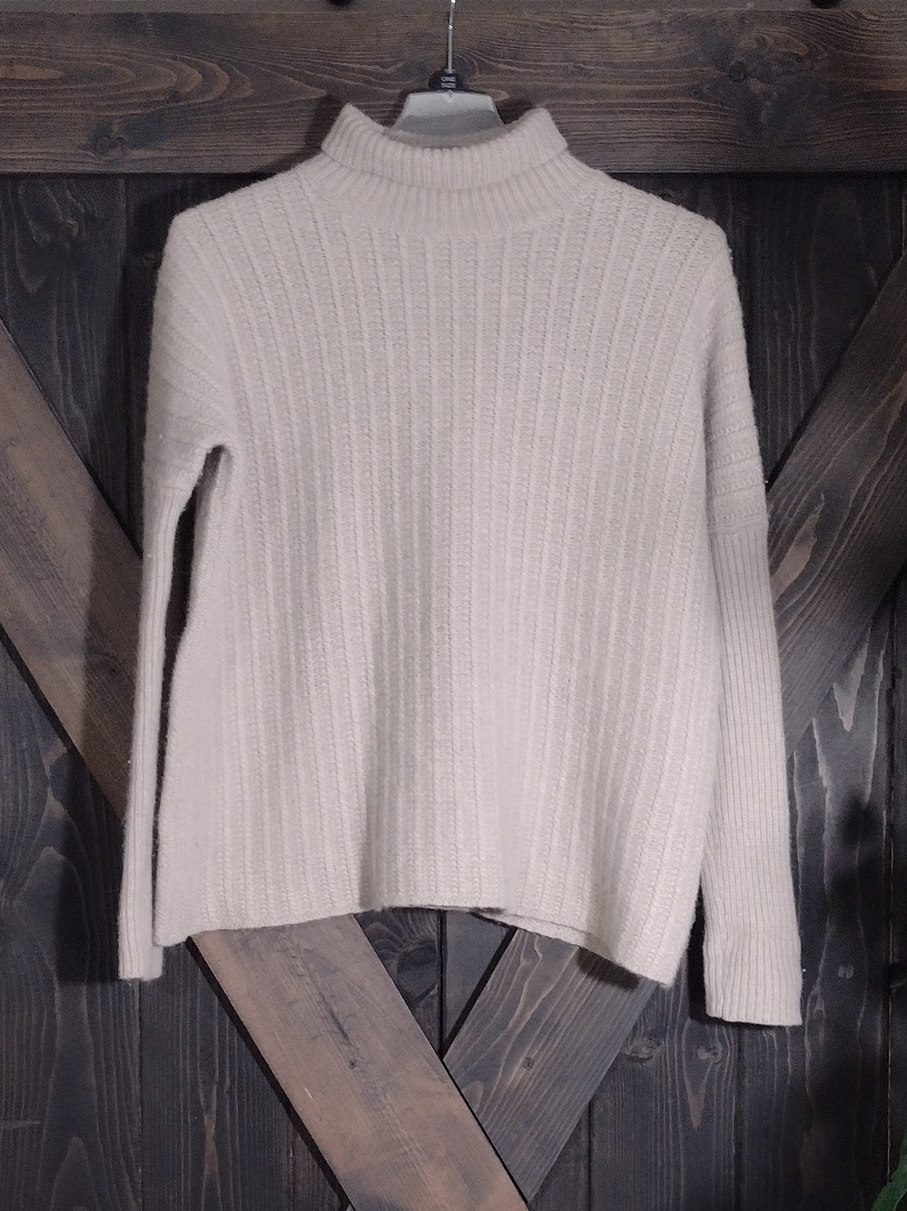 Garnet Hill Women's Cream Ribbed Mock Neck Sweater Lambs wool Rabbit Hair Sz Lg